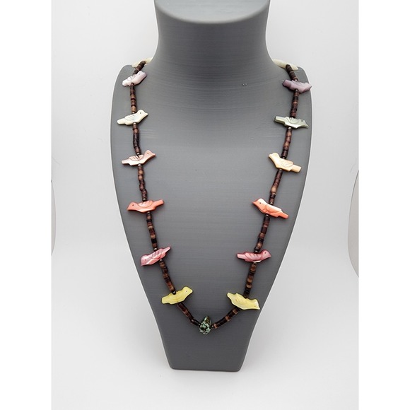 Fetish Jewelry - Southwestern Carved Bird Fetish Heishi Bead Necklace Multicolor Boho Turquoise